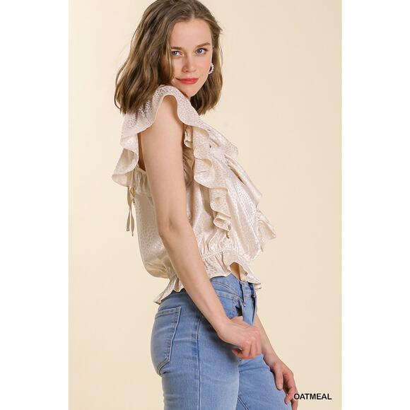 UMGEE Satin Animal Print Jacquard Lace Neck Back Tie Ruffle Cream Top Size M - Picture 3 of 7